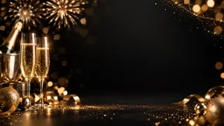 Año Nuevo · Elegante: Negro y dorado: copas, champaña y destellos.