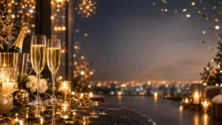 Año Nuevo · Fiesta: Copas y luces de la ciudad a medianoche.