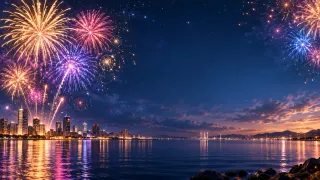 Año Nuevo · Fuegos artificiales: Fuegos artificiales sobre la ciudad y la bahía.