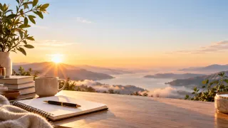 Año Nuevo · Nuevo comienzo: Amanecer sobre la cordillera, cuaderno y café.