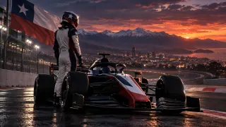 Deportes Chile · Automovilismo: Monoplaza y piloto con la bandera al atardecer.