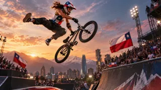 Deportes Chile · BMX freestyle: Salto en la rampa sobre la ciudad al atardecer.