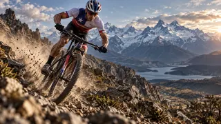 Deportes Chile · Ciclismo de montaña: Descenso entre rocas frente a la cordillera.