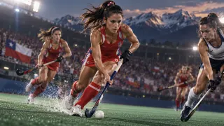 Deportes Chile · Hockey césped: Jugadoras en carrera con la bandera en el estadio.