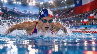 Deportes Chile · Natación: Mariposa en la piscina bajo la bandera.