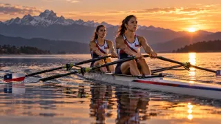Deportes Chile · Remo: Dos remeras al amanecer sobre el lago.