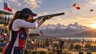 Deportes Chile · Tiro al vuelo: Tiradora quebrando platillos frente a la cordillera.