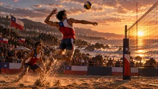 Deportes Chile · Vóleibol playa: Remate en la arena al atardecer.
