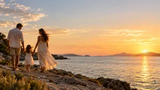 Familiar · Atardecer: Paseo en familia frente al mar al atardecer.