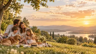 Familiar · Picnic: Picnic en la colina con el perro y el lago al fondo.