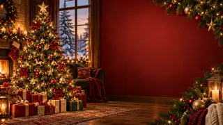 Navidad · Clásica: Árbol iluminado, chimenea y pared roja.