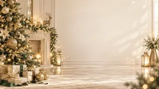 Navidad · Elegante: Salón claro con dorados, velas y árbol nevado.
