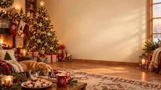 Navidad · Familiar: Sala cálida con árbol, regalos, galletas y el perro dormido.