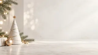 Navidad · Minimalista: Mármol blanco, árbol de papel y rama de pino.