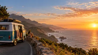 Vacaciones · Aventura: Furgoneta en la ruta costera al atardecer.