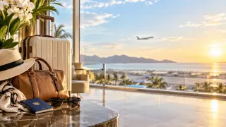 Vacaciones · Viaje: Maleta, sombrero y un avión sobre la ciudad.