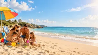 Verano · Playa: Familia en la arena, quitasol y mar turquesa.