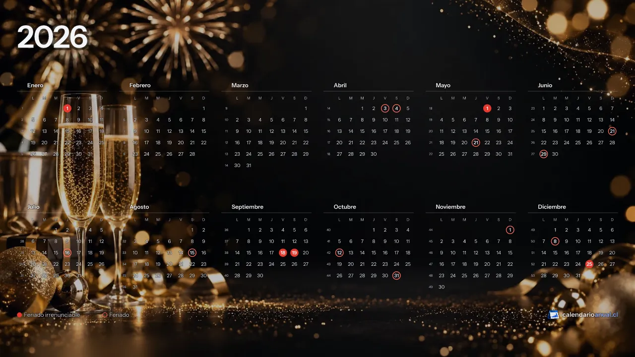 Fondo de pantalla Año Nuevo, Elegante, con el calendario 2026 de Chile y sus feriados, horizontal para computador