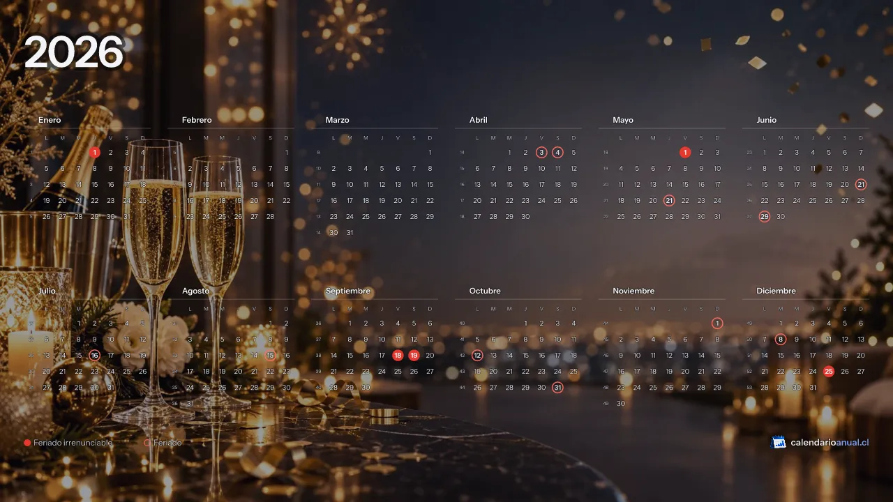 Fondo de pantalla Año Nuevo, Fiesta, con el calendario 2026 de Chile y sus feriados, horizontal para computador