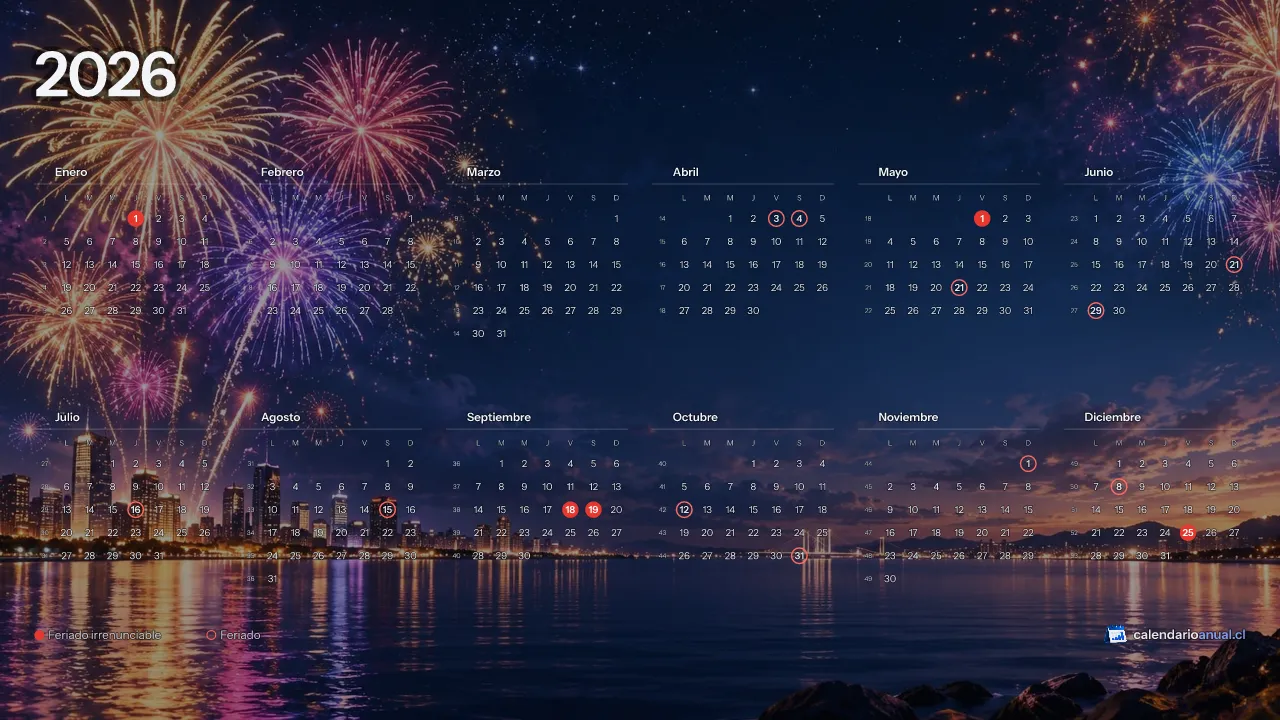 Fondo de pantalla Año Nuevo, Fuegos artificiales, con el calendario 2026 de Chile y sus feriados, horizontal para computador