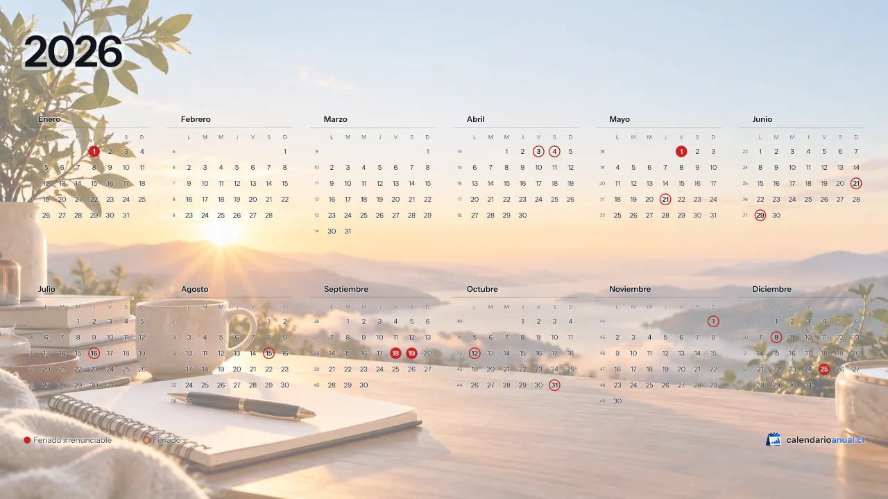Fondo de pantalla Año Nuevo, Nuevo comienzo, con el calendario 2026 de Chile y sus feriados, horizontal para computador