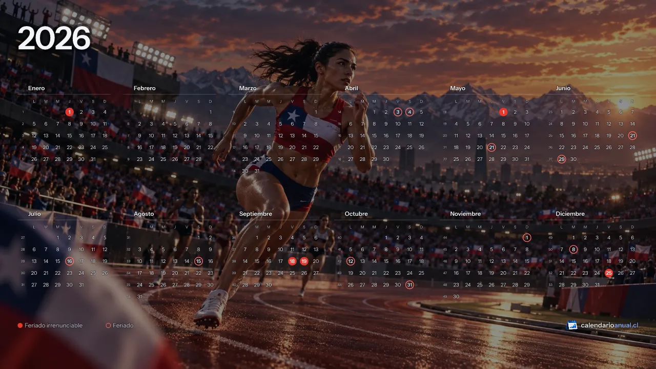 Fondo de pantalla Deportes Chile, Atletismo, con el calendario 2026 de Chile y sus feriados, horizontal para computador