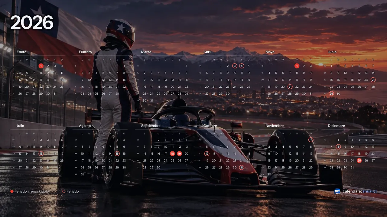 Fondo de pantalla Deportes Chile, Automovilismo, con el calendario 2026 de Chile y sus feriados, horizontal para computador