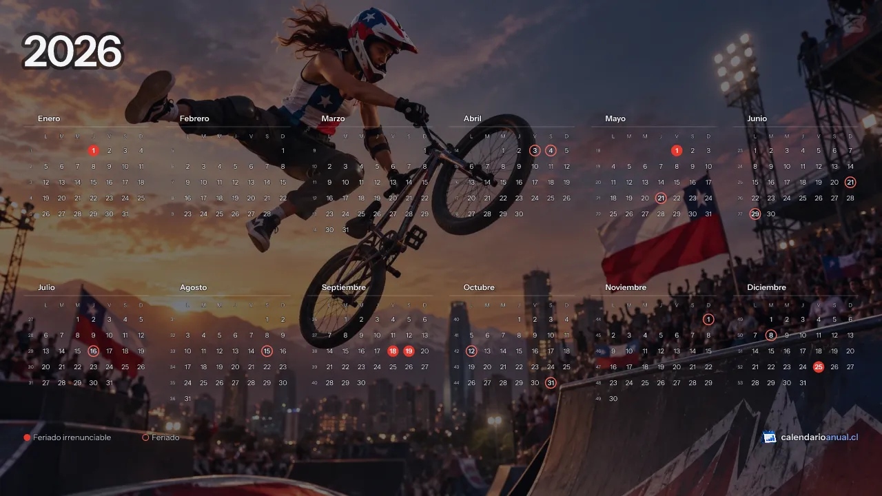 Fondo de pantalla Deportes Chile, BMX freestyle, con el calendario 2026 de Chile y sus feriados, horizontal para computador
