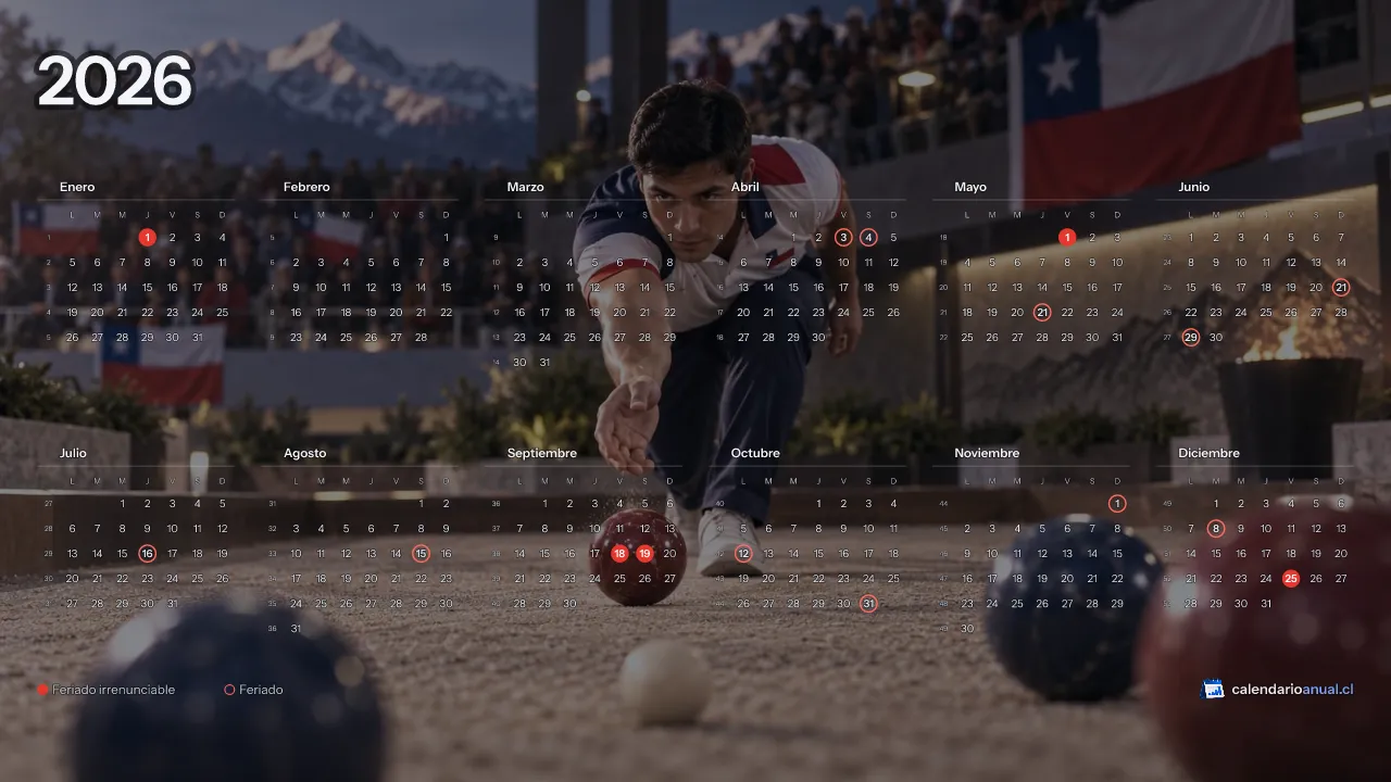 Fondo de pantalla Deportes Chile, Bochas, con el calendario 2026 de Chile y sus feriados, horizontal para computador