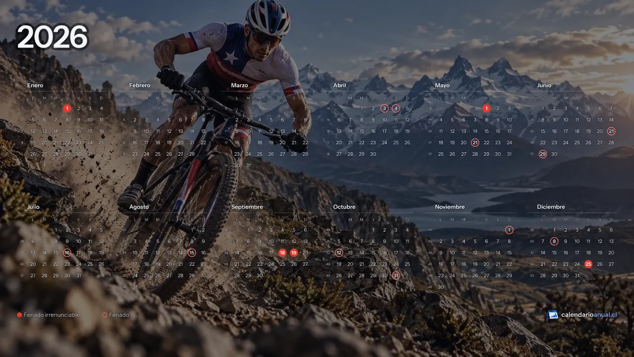 Fondo de pantalla Deportes Chile, Ciclismo de montaña, con el calendario 2026 de Chile y sus feriados, horizontal para computador