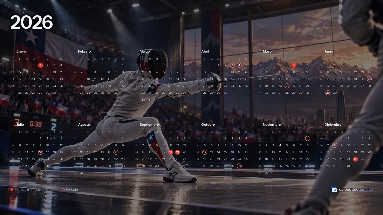 Fondo de pantalla Deportes Chile, Esgrima, con el calendario 2026 de Chile y sus feriados, horizontal para computador