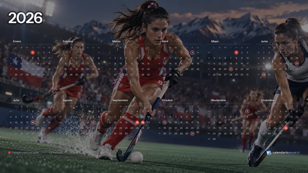 Fondo de pantalla Deportes Chile, Hockey césped, con el calendario 2026 de Chile y sus feriados, horizontal para computador