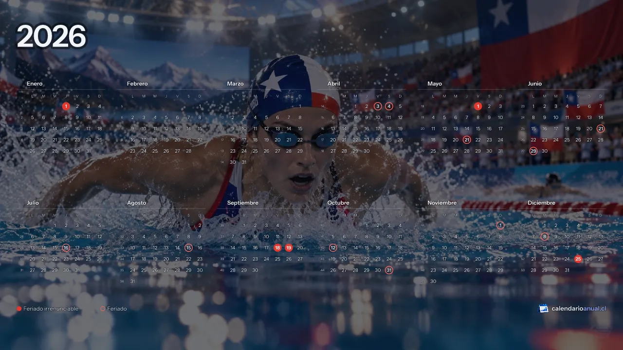Fondo de pantalla Deportes Chile, Natación, con el calendario 2026 de Chile y sus feriados, horizontal para computador