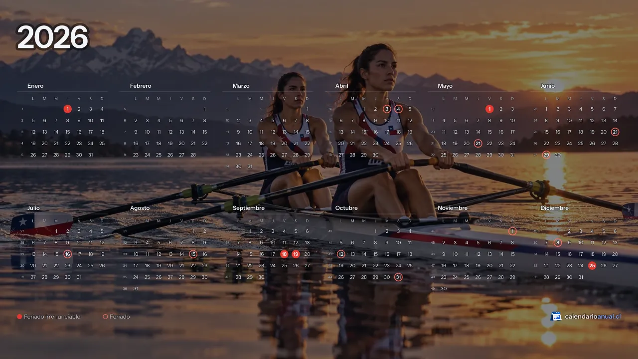 Fondo de pantalla Deportes Chile, Remo, con el calendario 2026 de Chile y sus feriados, horizontal para computador
