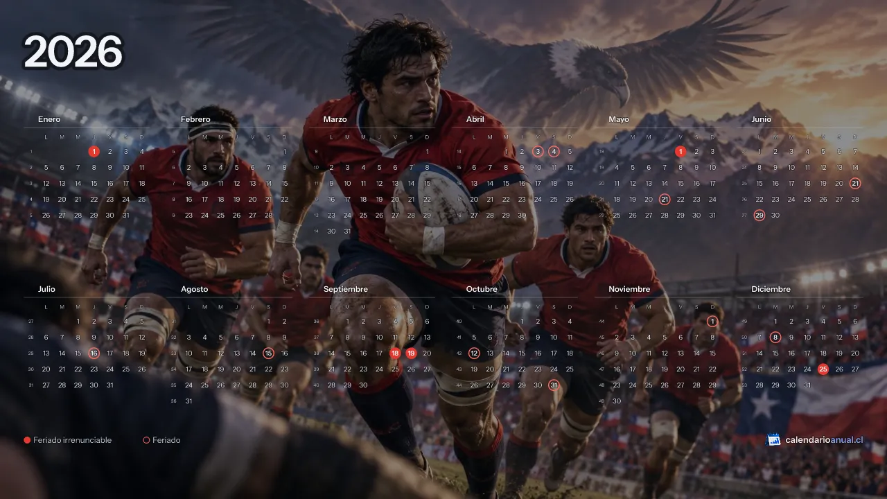 Fondo de pantalla Deportes Chile, Rugby, con el calendario 2026 de Chile y sus feriados, horizontal para computador