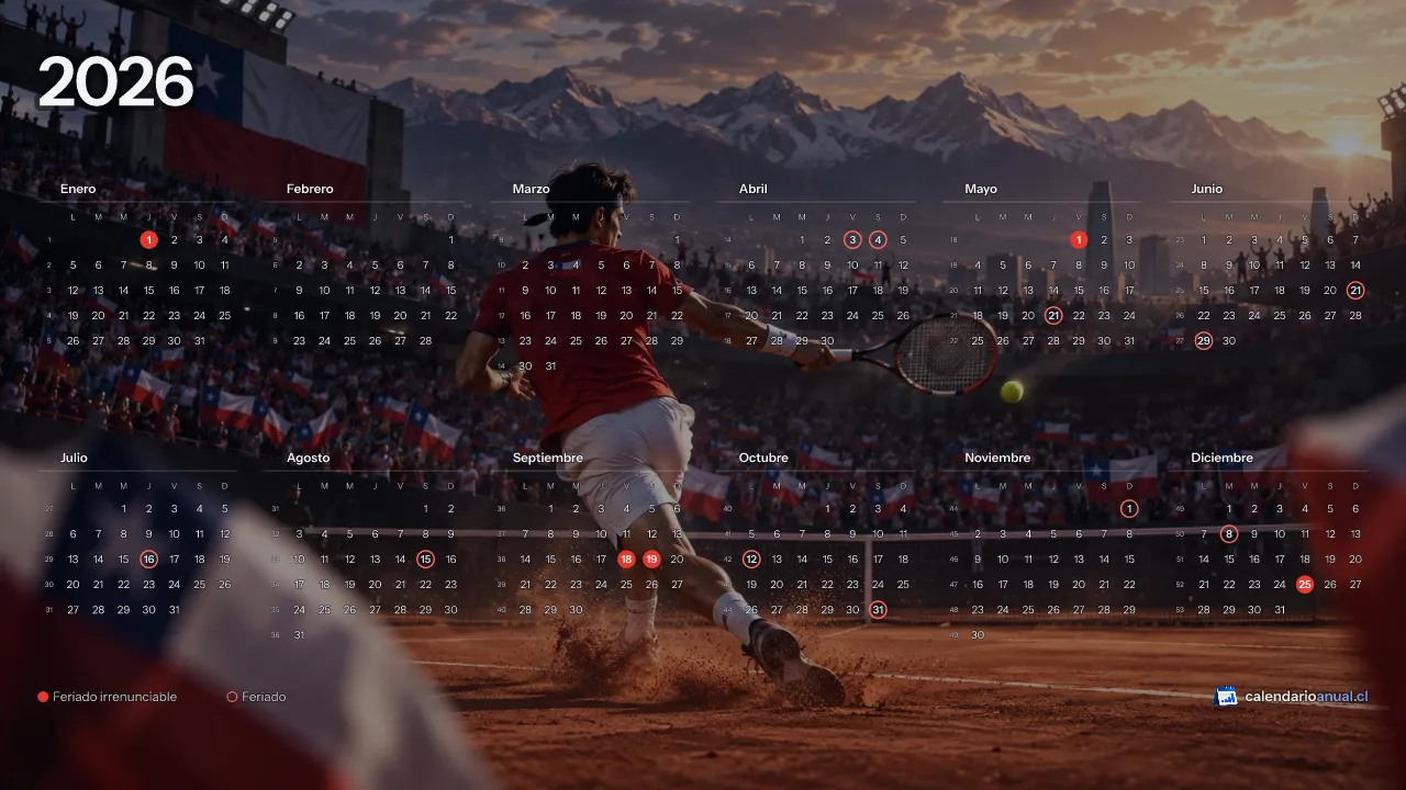 Fondo de pantalla Deportes Chile, Tenis, con el calendario 2026 de Chile y sus feriados, horizontal para computador