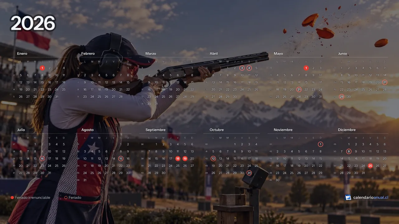 Fondo de pantalla Deportes Chile, Tiro al vuelo, con el calendario 2026 de Chile y sus feriados, horizontal para computador