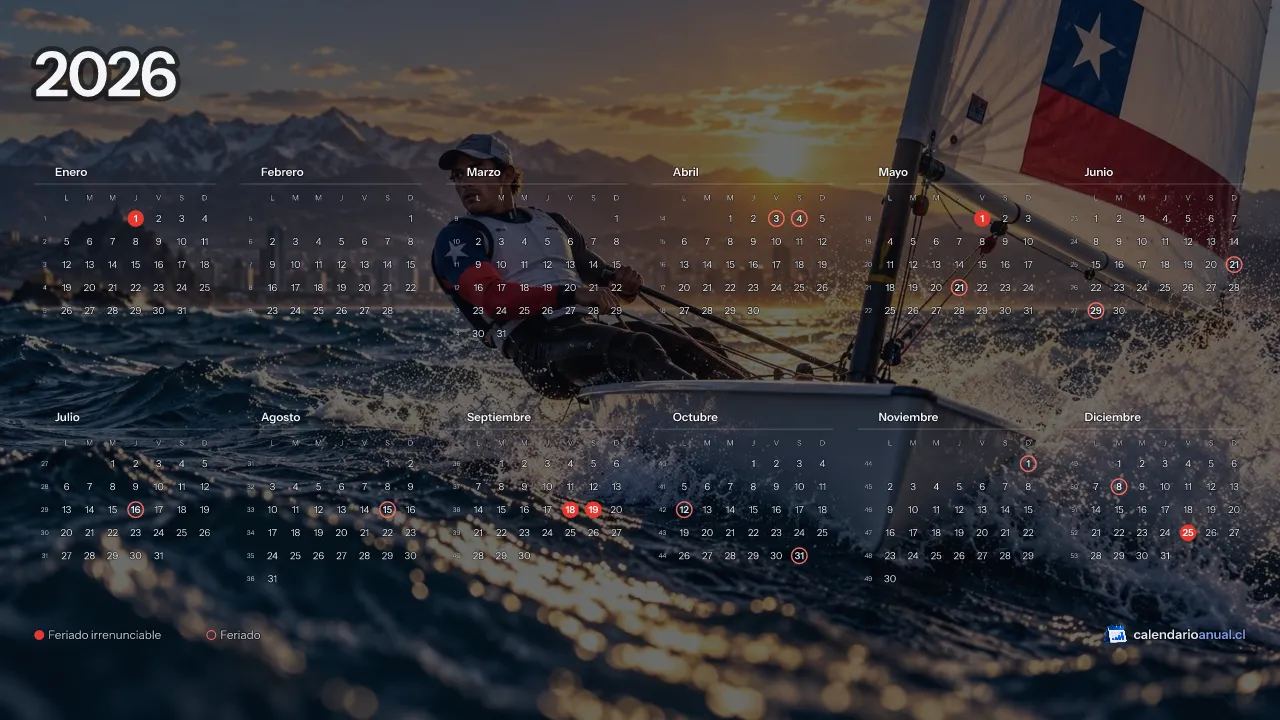 Fondo de pantalla Deportes Chile, Vela, con el calendario 2026 de Chile y sus feriados, horizontal para computador