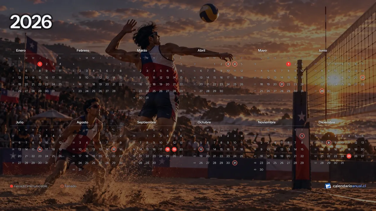 Fondo de pantalla Deportes Chile, Vóleibol playa, con el calendario 2026 de Chile y sus feriados, horizontal para computador