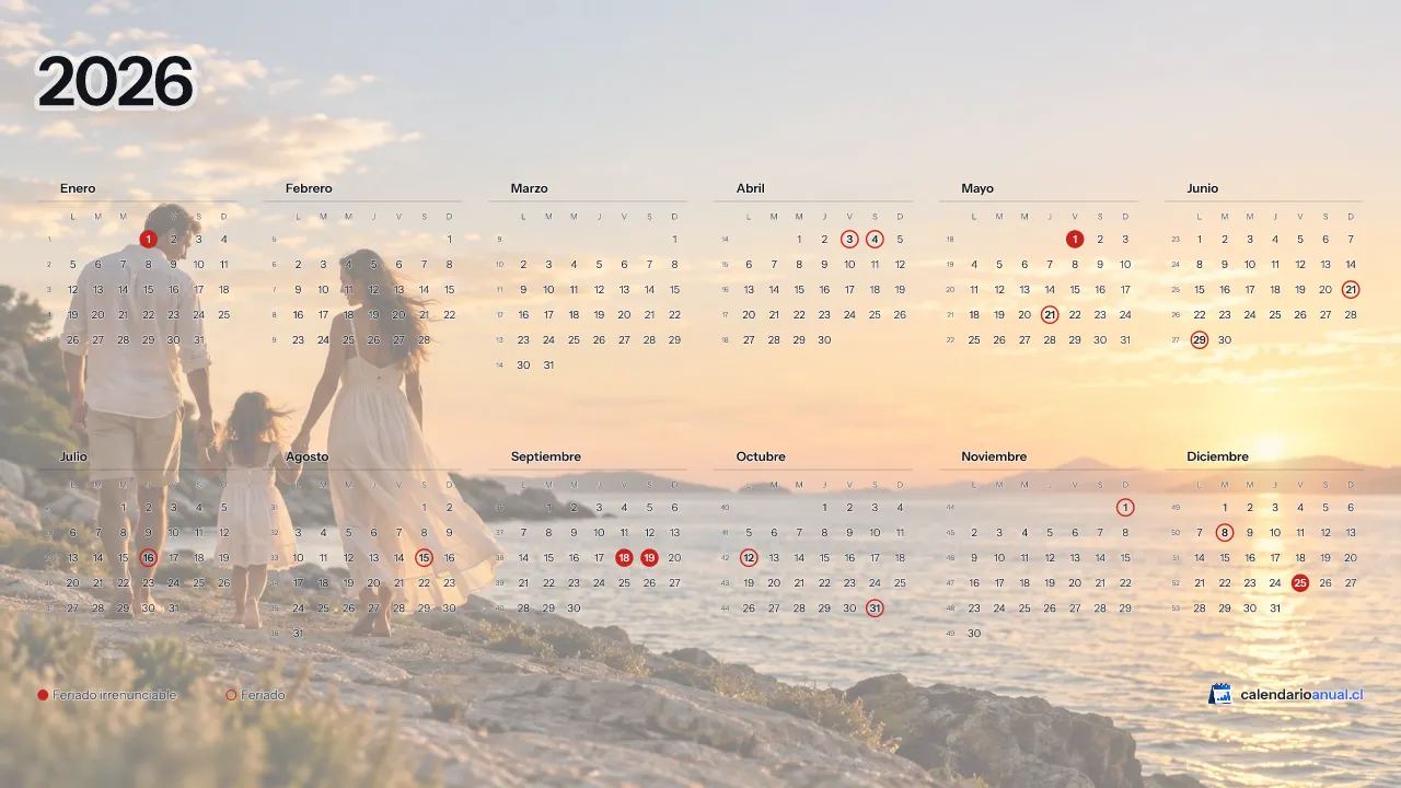 Fondo de pantalla Familiar, Atardecer, con el calendario 2026 de Chile y sus feriados, horizontal para computador