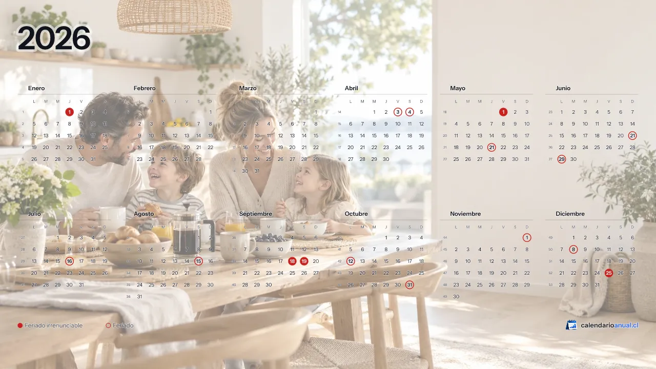 Fondo de pantalla Familiar, Desayuno, con el calendario 2026 de Chile y sus feriados, horizontal para computador
