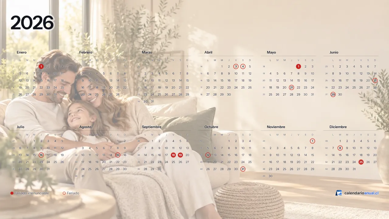 Fondo de pantalla Familiar, En casa, con el calendario 2026 de Chile y sus feriados, horizontal para computador
