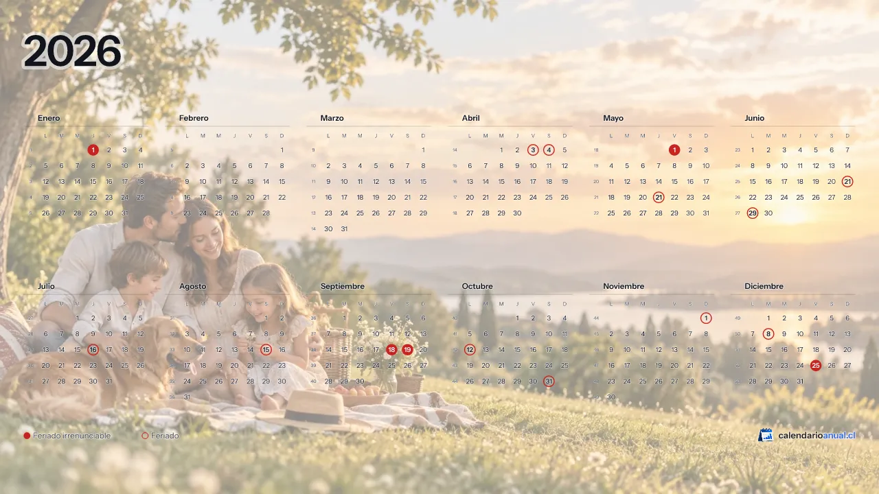 Fondo de pantalla Familiar, Picnic, con el calendario 2026 de Chile y sus feriados, horizontal para computador