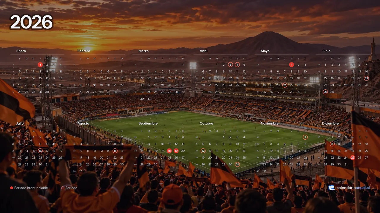 Fondo de pantalla Fútbol, Tributo Cobreloa, con el calendario 2026 de Chile y sus feriados, horizontal para computador
