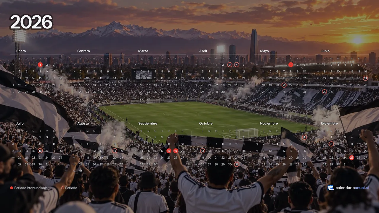 Fondo de pantalla Fútbol, Tributo Colo-Colo, con el calendario 2026 de Chile y sus feriados, horizontal para computador