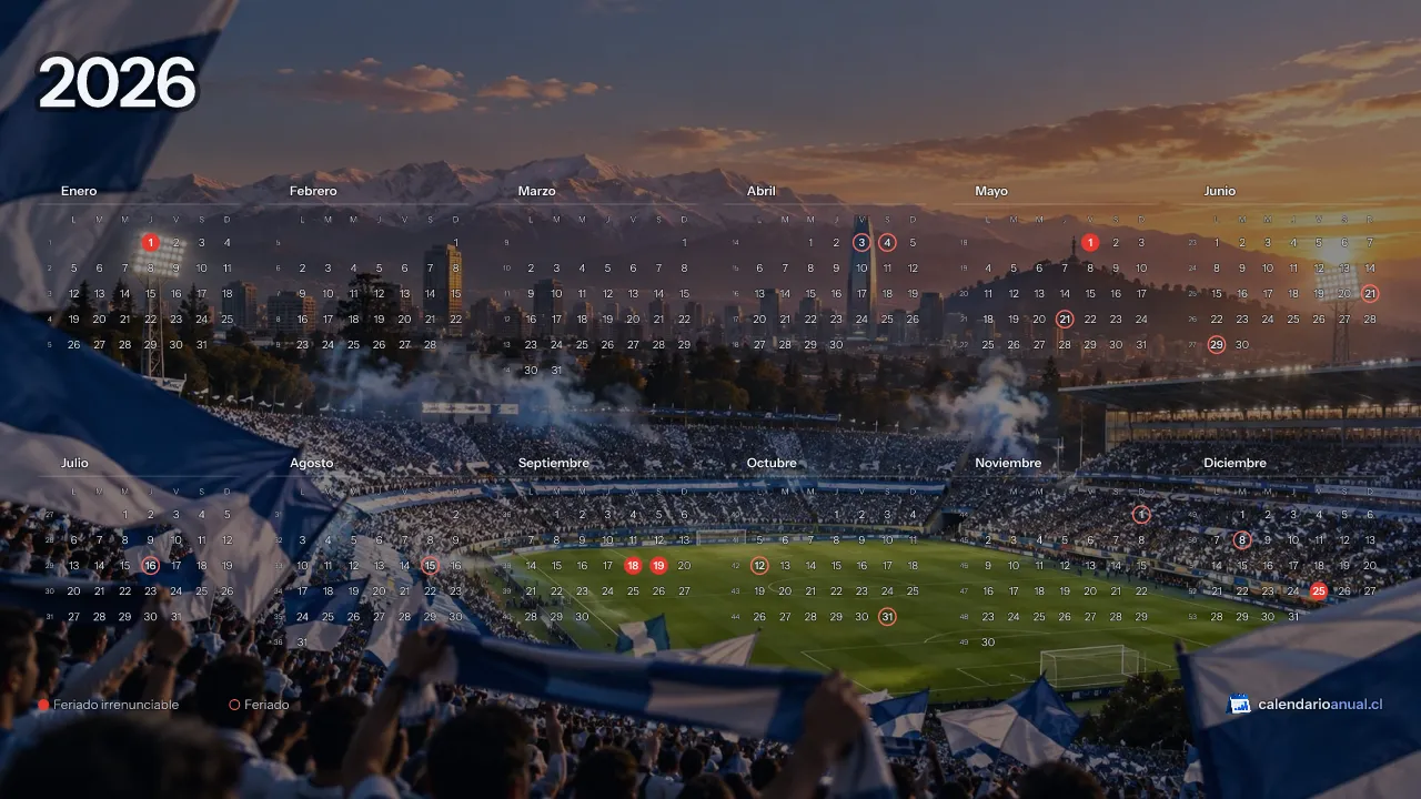 Fondo de pantalla Fútbol, Tributo Universidad Católica, con el calendario 2026 de Chile y sus feriados, horizontal para computador