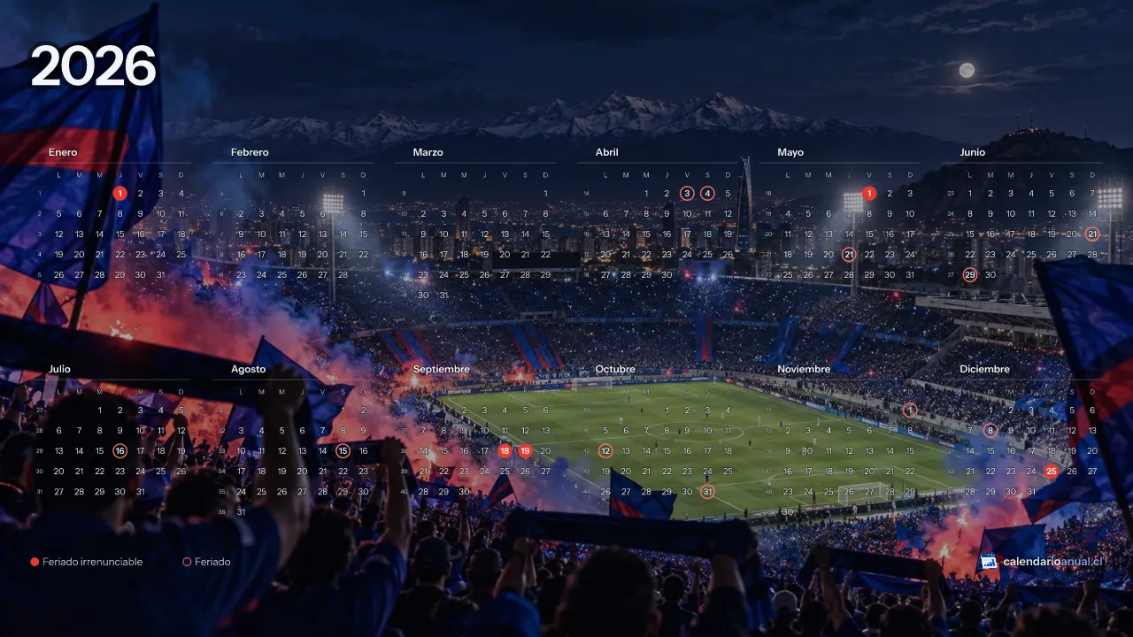 Fondo de pantalla Fútbol, Tributo Universidad de Chile, con el calendario 2026 de Chile y sus feriados, horizontal para computador