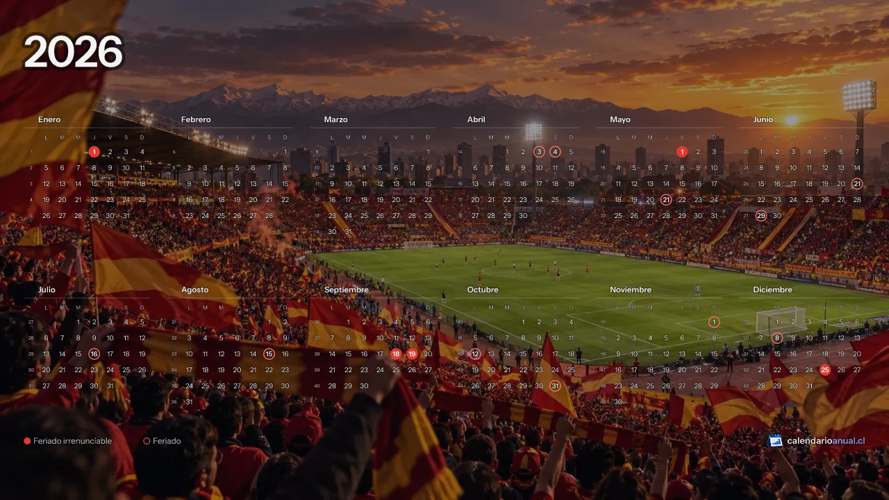 Fondo de pantalla Fútbol, Tributo Unión Española, con el calendario 2026 de Chile y sus feriados, horizontal para computador