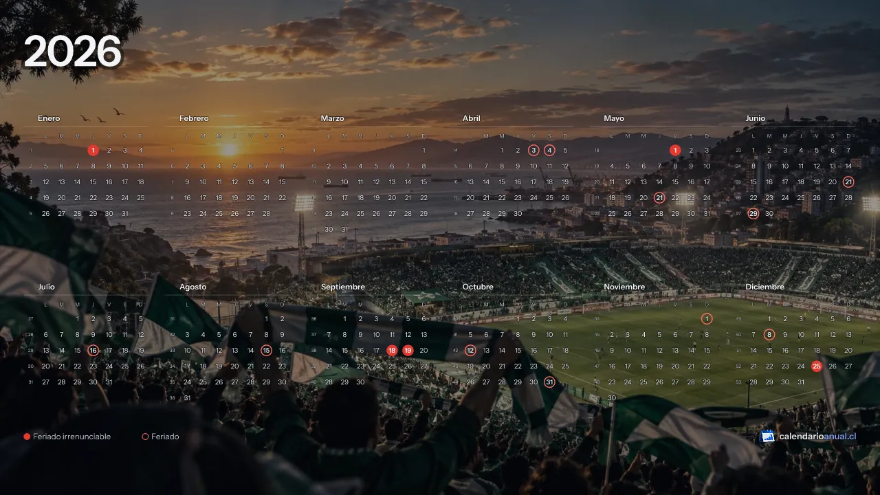 Fondo de pantalla Fútbol, Tributo Santiago Wanderers, con el calendario 2026 de Chile y sus feriados, horizontal para computador
