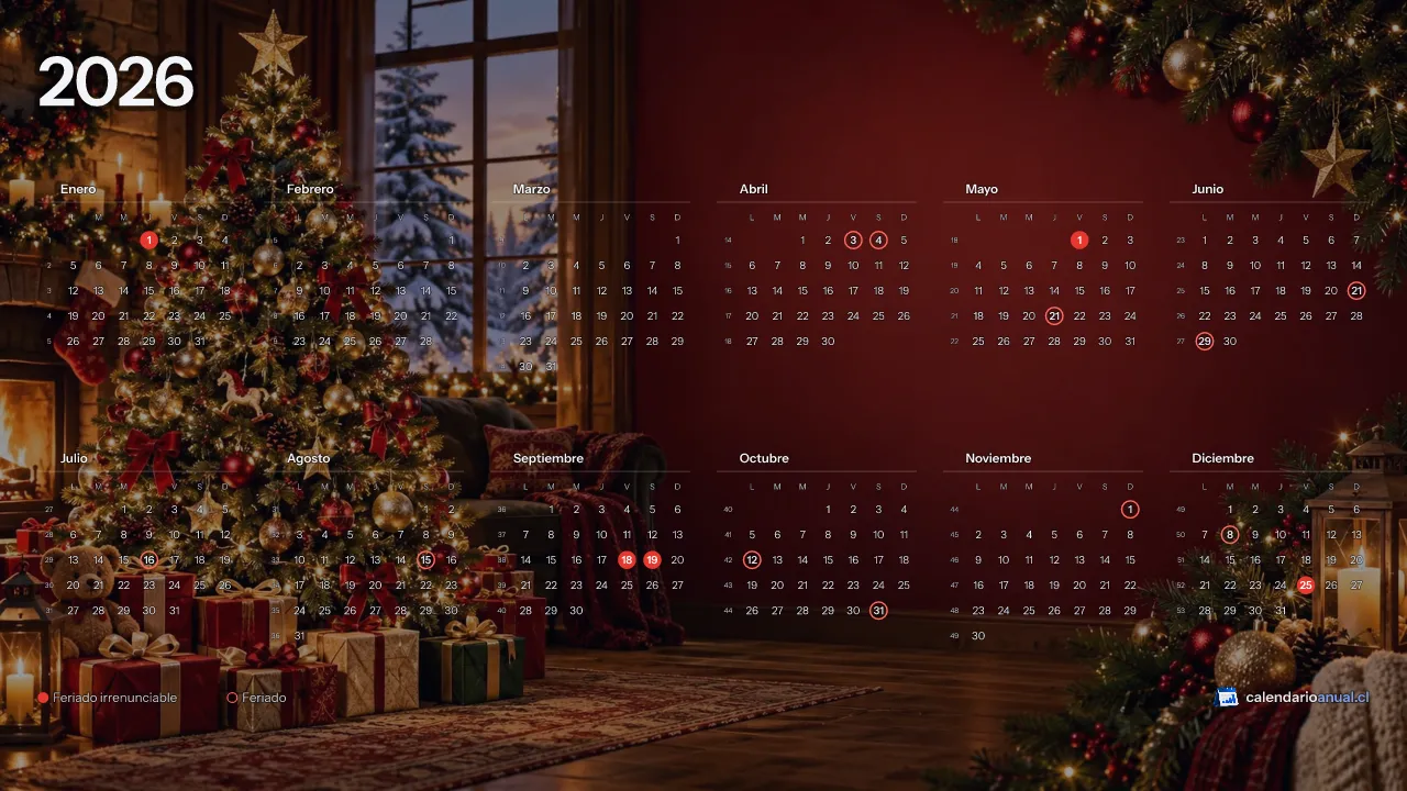 Fondo de pantalla Navidad, Clásica, con el calendario 2026 de Chile y sus feriados, horizontal para computador